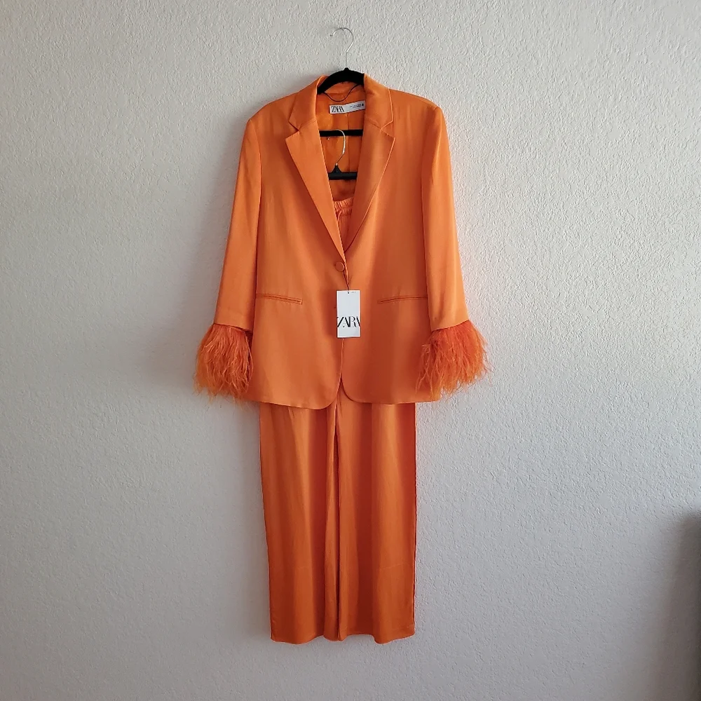 ZARA Set 2pc Blazer and Pants Feather Orange Size M
